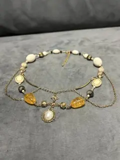 アンティーク調 ゴールド×アンバービーズ ネックレス ハンドメイド