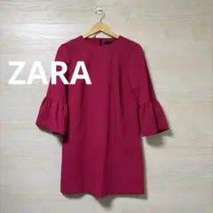 ZARA★ピンク フレアスリーブ ワンピース 派手色 膝丈 パーティー