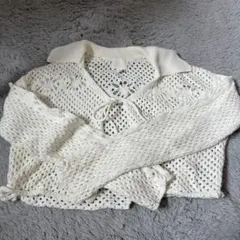 かぎ編みホワイトクロップドカーディガン