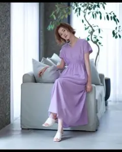 ラベンダー ロングワンピース 【Mサイズ】コットンVネック フレンチスリーブ