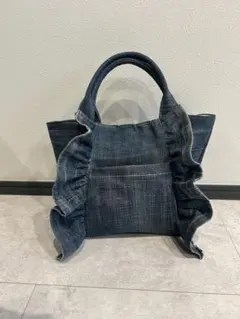 ハンドメイド　デニムリメイク　フリルバッグ　ハンドバッグ