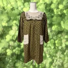 森ガール フェアリーグランジ 00s 花柄オリーブグリーンフリルチュニック