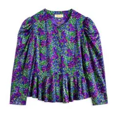極美品✨日本製 一点物 花柄サテンブラウス 11号 蘭 ボタニカル 昭和レトロ
