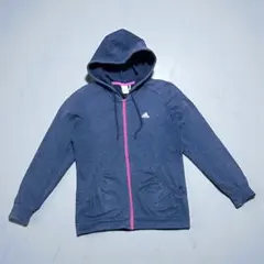アディダス パーカーSサイズ ネイビー ラメ糸 ピンクジップ UVケア