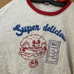 ハンバーガー柄 リンガーTシャツ グレー