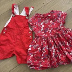 PETIT BATEAU 赤いオーバーオールとドレスセット 18m