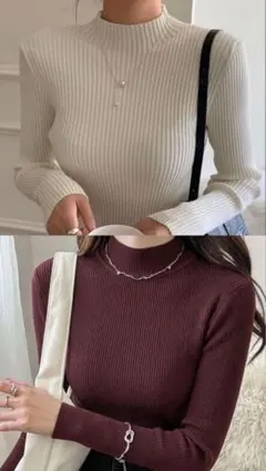 SHEIN ハイネック リブニット セーター 長袖 アイボリー バーガンディ