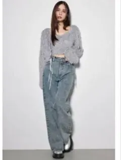 スリムタックワイドデニムパンツ／リエンダ（rienda）Ｓ　ライトブルー