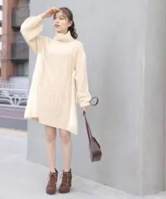 Heather タートルネックサイドプリーツニットワンピース