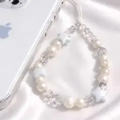 スマホストラップ　キーホルダー　パール　ブルー星