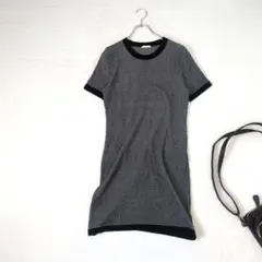 【GU/ジーユー】ひざ丈半袖ニットワンピースプルオーバー『M』ブラック×ホワイト