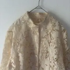 【90s】ベージュ ジャガード 長袖ブラウス 花柄 レース レトロ Mサイズ