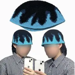 ハンドメイド クラッシャーハット フレイム柄 ブラック×ブルー y2k