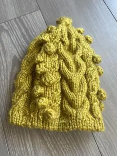kidsマスタードイエロー ケーブル編みニット帽子