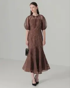 【LEJA】パフスリーブバラ柄花柄リボンマーメイドシフォンワンピース