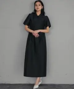 フラワーレース襟付きパフスリーブコクーンシルエットワンピースドレス