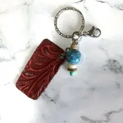 革 ヴィンテージ加工 ウッド シェル ターコイズ キーリング付きキーホルダー