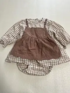 ギンガムチェック　ワンピース風ロンパース　ベージュ　人気商品