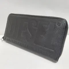 極美品 ディーゼル ビッグロゴ 長財布 ラウンドファスナー エンボス加工 黒