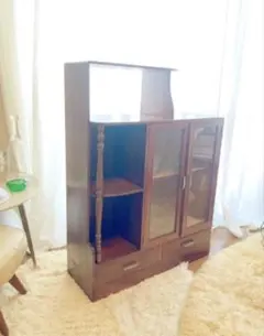 【昭和レトロ】木製 飾り棚 ガラス扉 引き出し付き ／ アンティーク 和家具