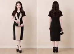 パーティードレス 黒とベージュ Vネック タイトフィット