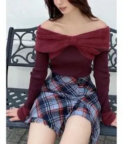 オフショルリボンニットトップス レッド