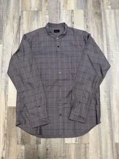 グリーンレーベル　バンドカラー　シャツ　ブラウン　グレー　チェック　Lサイズ