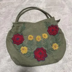 【美品✨】オリーブグリーン刺繍トートバッグ