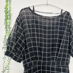【極美品】ジーユー 半袖ワンピース シアー チェック モノトーン L ロング 夏