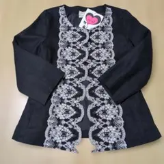 [新品タグ付き]麻100%レース刺繍七部袖ノーカラージャケット　リボン付き　黒