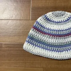 ハンドメイド ストライプ ニット帽　バケットハット　クロシェハット　コットン