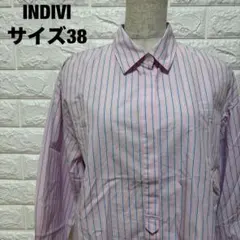 INDIVI ピンク×ネイビー ストライプ 長袖シャツ サイズ38【1362】のサムネイル