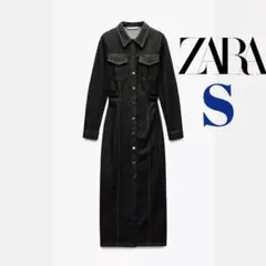 新品＊ZARA　ミディ丈デニムワンピース　S　ザラ　ロングワンピース　ブラック