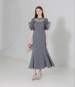 Leja オーガンジードレープパフスリーブマーメイドシルエットドレス
