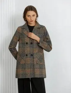 SHEIN チェック柄 ポケット付き ダブルブレスト オーバーコート