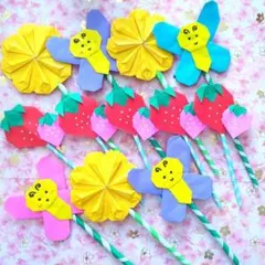 折り紙 春のスティック ちょうちょ たんぽぽ いちご ハンドメイド