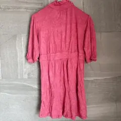 七分袖カットソーワンピース 【M】 ピンク ハイネック ひざ丈 シンプル