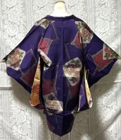 【アンティーク・希少】長羽織　大胆な大きな柄　紫系　正絹　羽織紐付き和装　A49