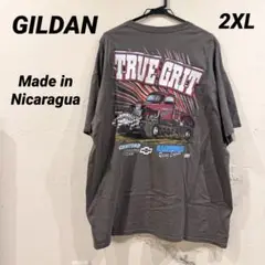 中古美品☆GILDANギルダン TRUE GRITトラック 両面プリントTシャツ