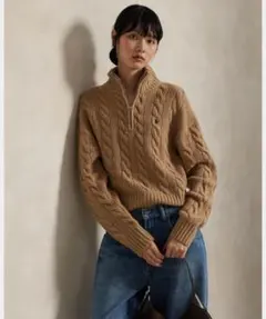 ラルフローレン　ハーフジップ ケーブル編みニット　短丈　カシミヤ混　ベージュ
