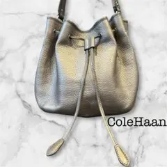極美品 ColeHaanコールハーン 巾着ショルダーバッグシボ革ゴールドシルバーのサムネイル