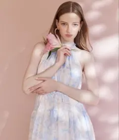 Estella.k エステラケー プリントホルダーネックティアードドレス NVY