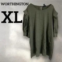 WORTHINGTON 【XL】オリーブ シャツ パフスリーブ サテン風 五分袖