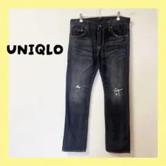 ☆UNIQLOユニクロダメージありストレートデニム ブラックW33（84cm）
