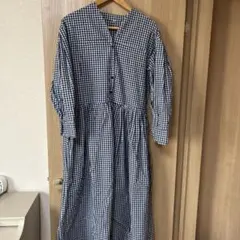 青ギンガムチェック シャツワンピース 長袖