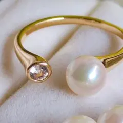 ラスト14kgf天然あこや真珠上品で可愛らしいパール＆ビジューフォークリング指輪