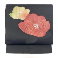 八寸 名古屋帯 化繊系 椿 花 ブラック 黒 太鼓柄 赤 黄 レッド イエロー