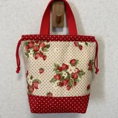 ハンドメイド　保冷保温　お弁当袋　ランチバッグ　巾着袋　キナリ　苺柄　水玉のサムネイル