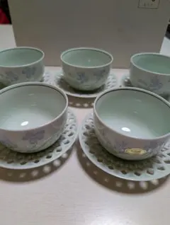 有田焼 茶碗 5個セット ★花柄すみれ絵　透かし茶托