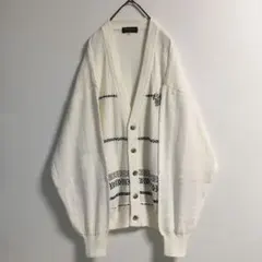 日本製 90s 古着 透かし編み ジャガード カーディガン メンズXL 白